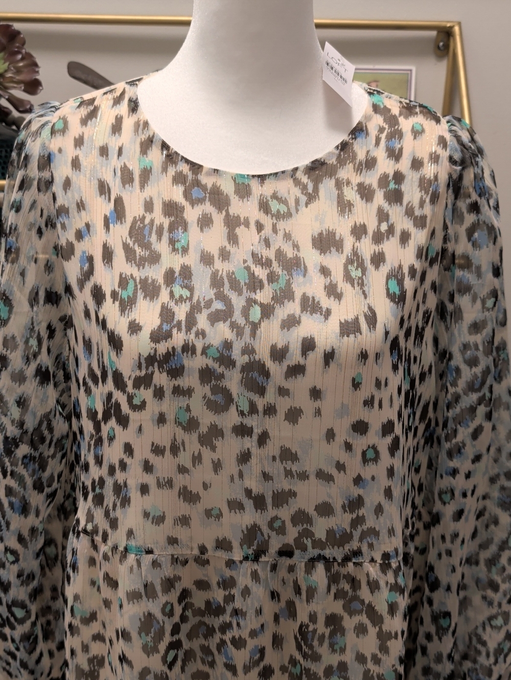 LOFT- Size M Ivory Leopard Print Tiered Long Sleeve Dress with Aqua Accents NWT - Picture 2 of 15